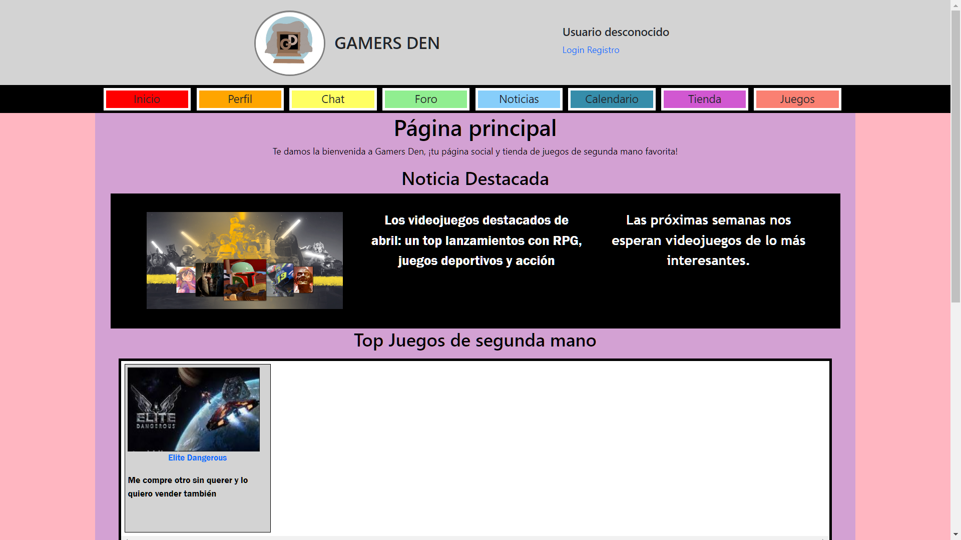 Home page of Gamers Den