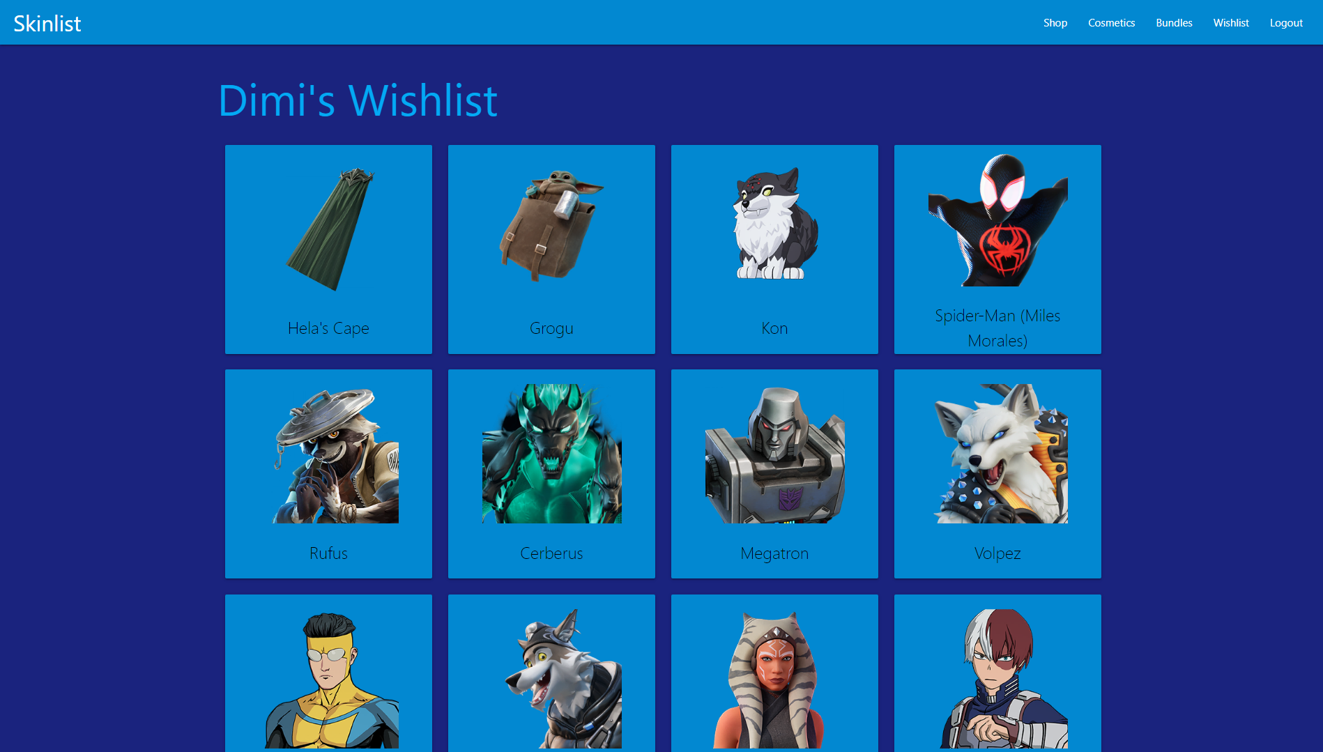 Wishlist Page of SkinList